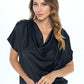 Black Satin Cowl Neck Short Sleeve Top - DAVERRI FASHIONS
