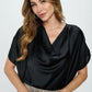Black Satin Cowl Neck Short Sleeve Top - DAVERRI FASHIONS