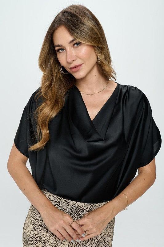 Black Satin Cowl Neck Short Sleeve Top - DAVERRI FASHIONS