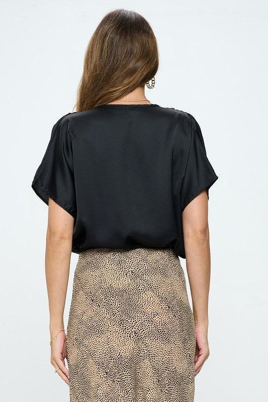 Black Satin Cowl Neck Short Sleeve Top - DAVERRI FASHIONS