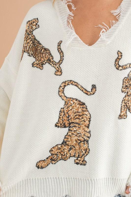 Frayed Edge Sequin Tiger Sweater Sweaters