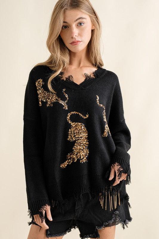 Frayed Edge Sequin Tiger Sweater Sweaters