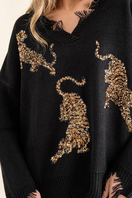 Frayed Edge Sequin Tiger Sweater Sweaters