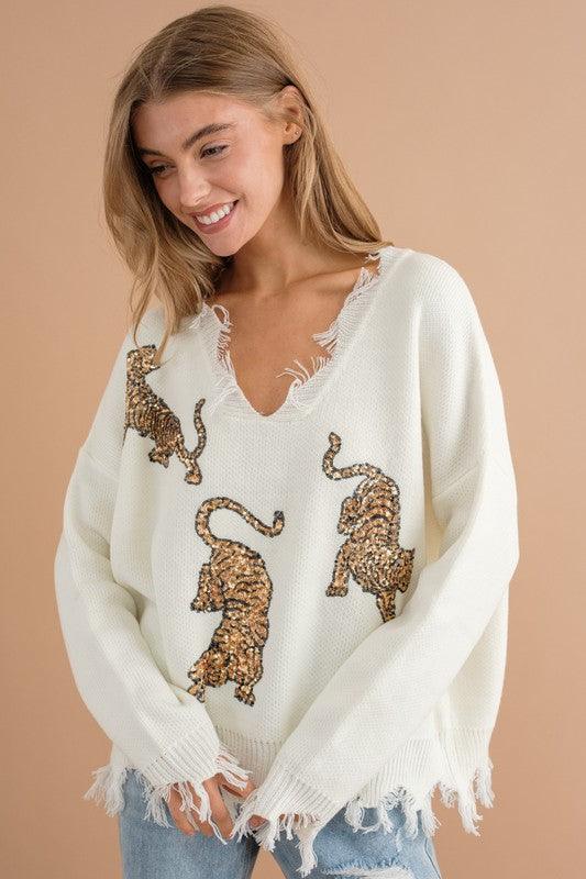 Frayed Edge Sequin Tiger Sweater Sweaters