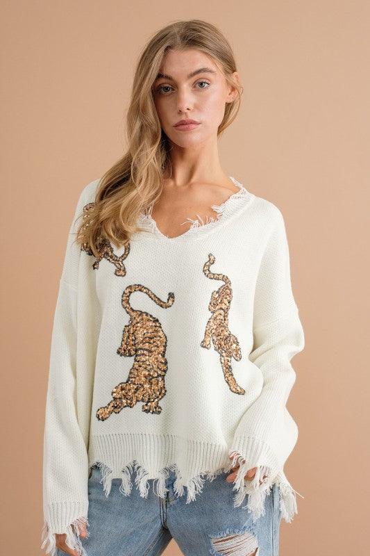 Frayed Edge Sequin Tiger Sweater Sweaters