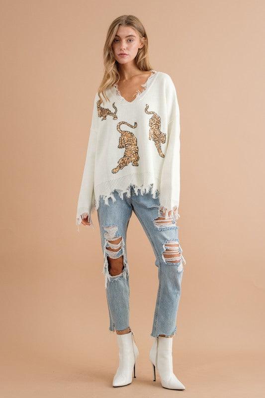 Frayed Edge Sequin Tiger Sweater Sweaters