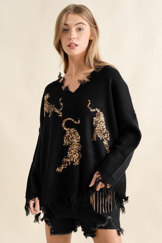 Frayed Edge Sequin Tiger Sweater BLACK GOLD L Sweaters