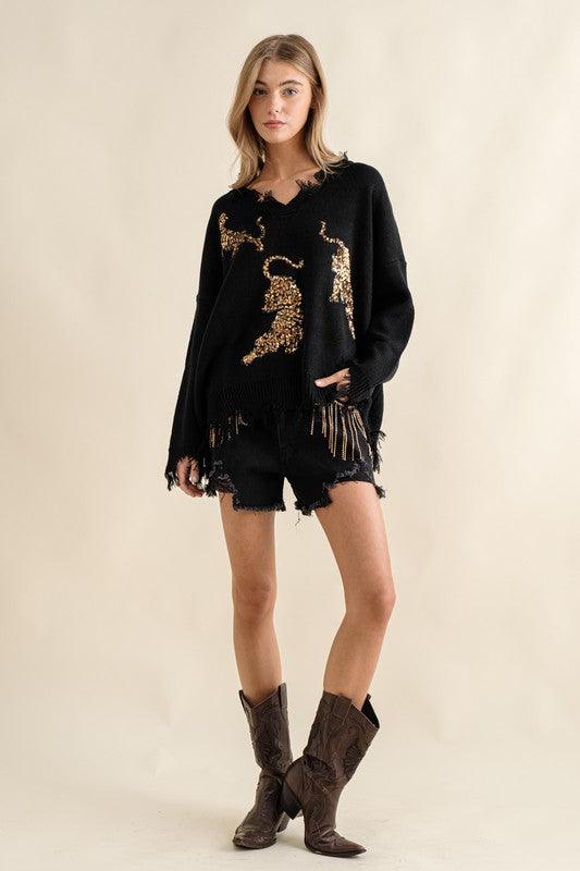 Frayed Edge Sequin Tiger Sweater Sweaters