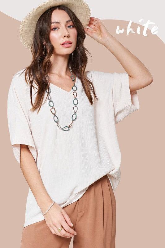 La Miel Short Sleeved V-Neck Oversized Top WHITE S Shirts & Tops