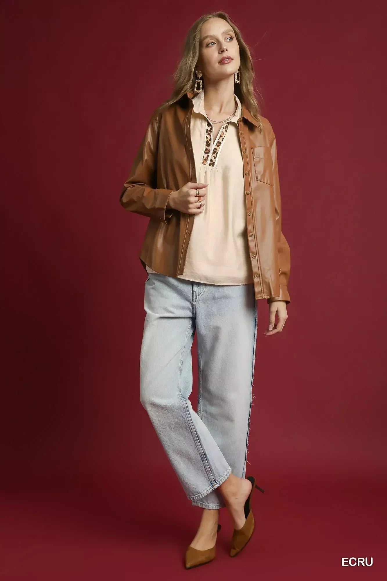 Umgee Long Sleeve Blouse with Leopard Print Trim - DAVERRI FASHIONS