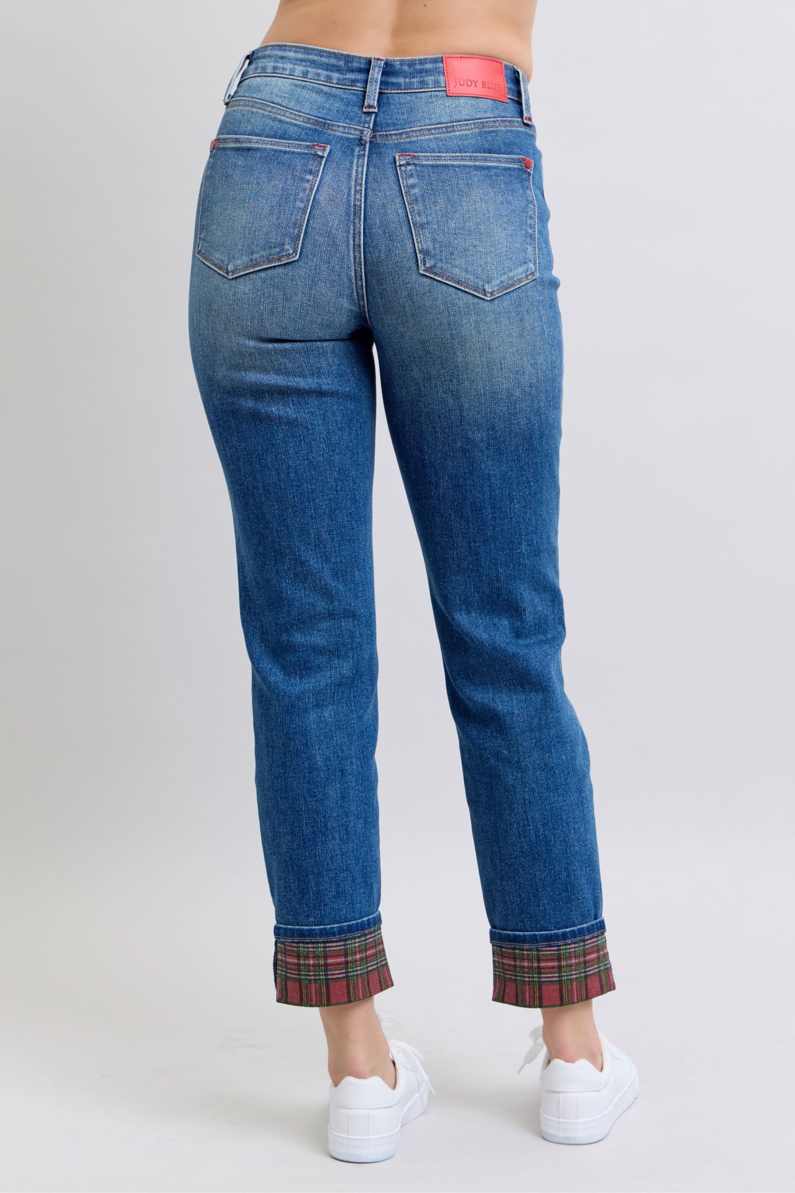 Judy Blue Full Size Plaid Print Cuff Straight Leg Jeans with Pockets | Daverri Fashions
