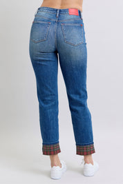 Judy Blue Full Size Plaid Print Cuff Straight Leg Jeans with Pockets | Daverri Fashions