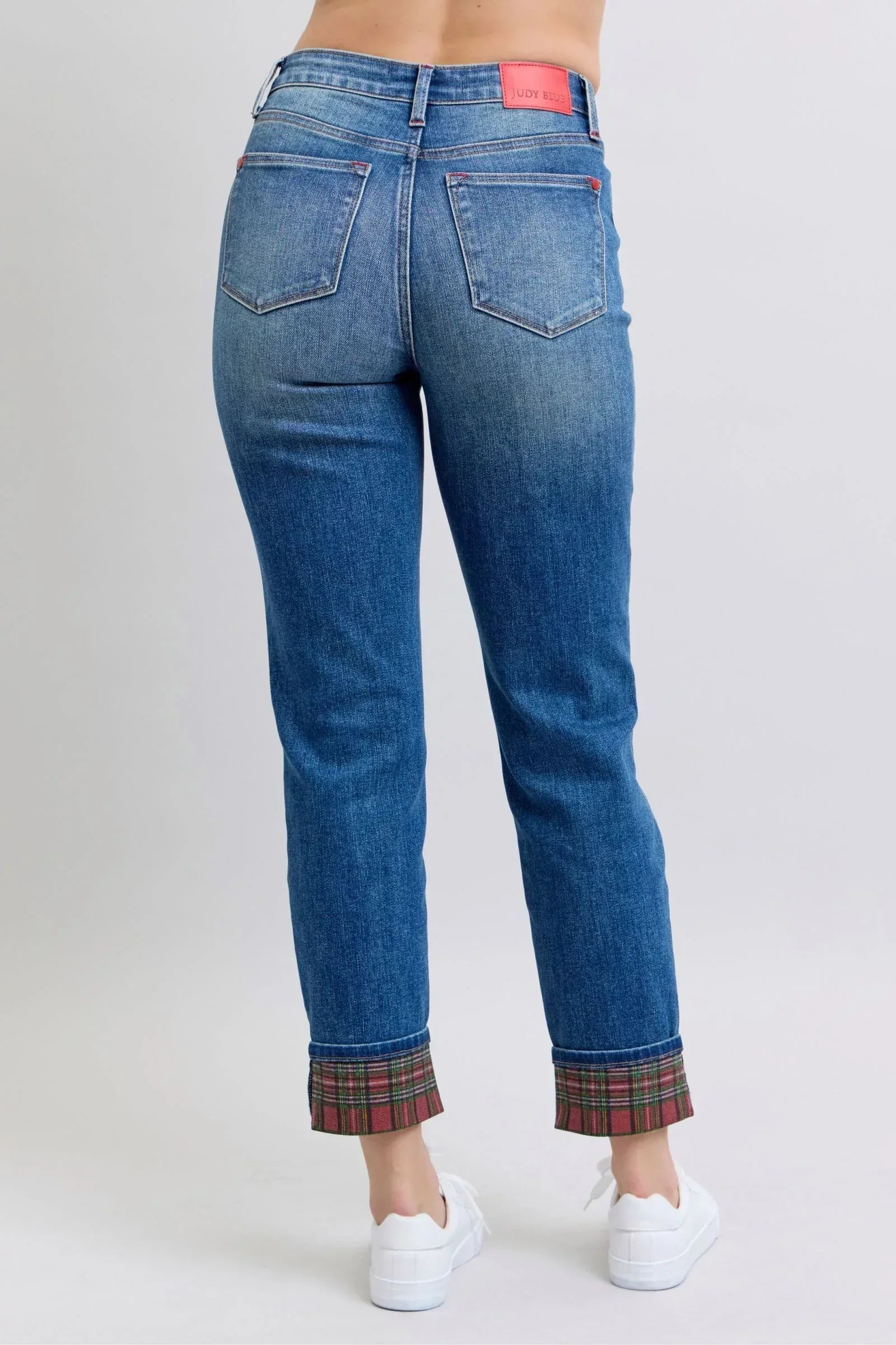 Judy Blue Full Size Plaid Print Cuff Straight Leg Jeans with Pockets - DAVERRI FASHIONS