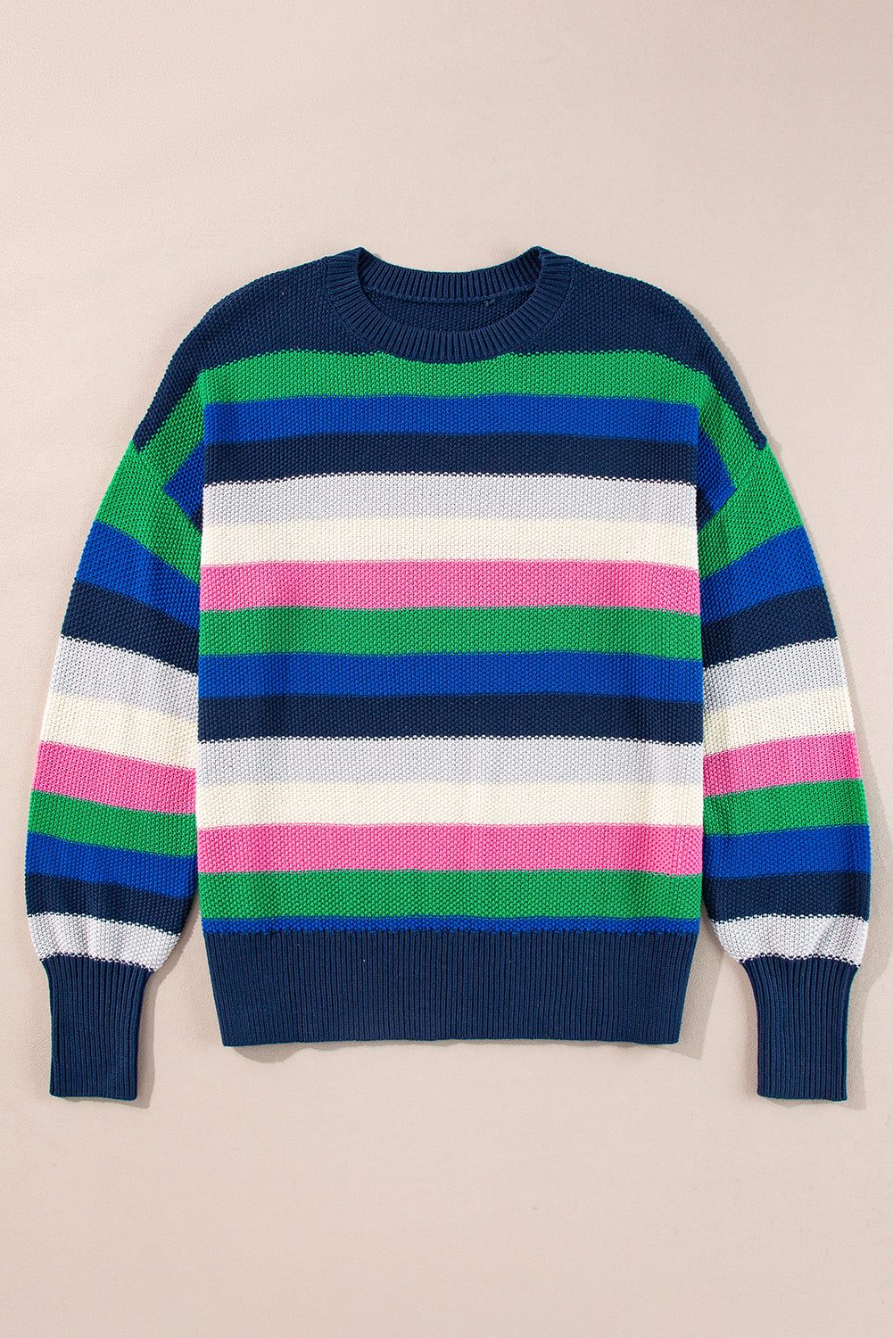 Rainbow Striped Crew Neck Drop Shoulder Sweater | Sweaters Daverri Fashions