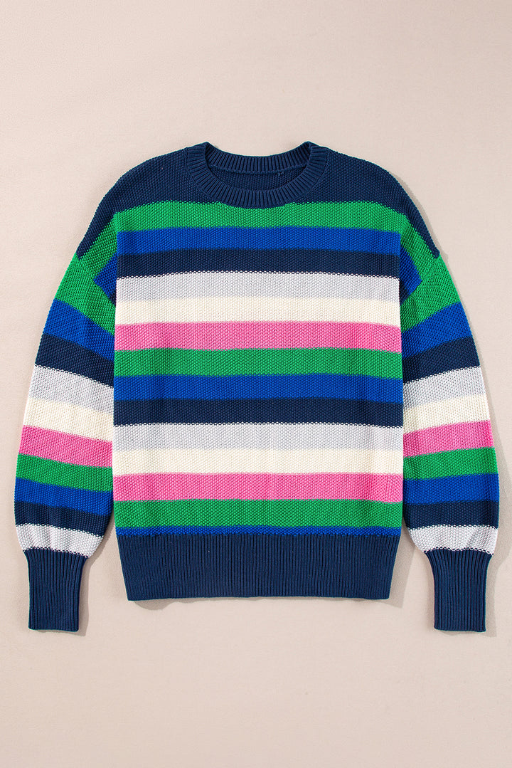 Rainbow Striped Crew Neck Drop Shoulder Sweater | Sweaters Daverri Fashions