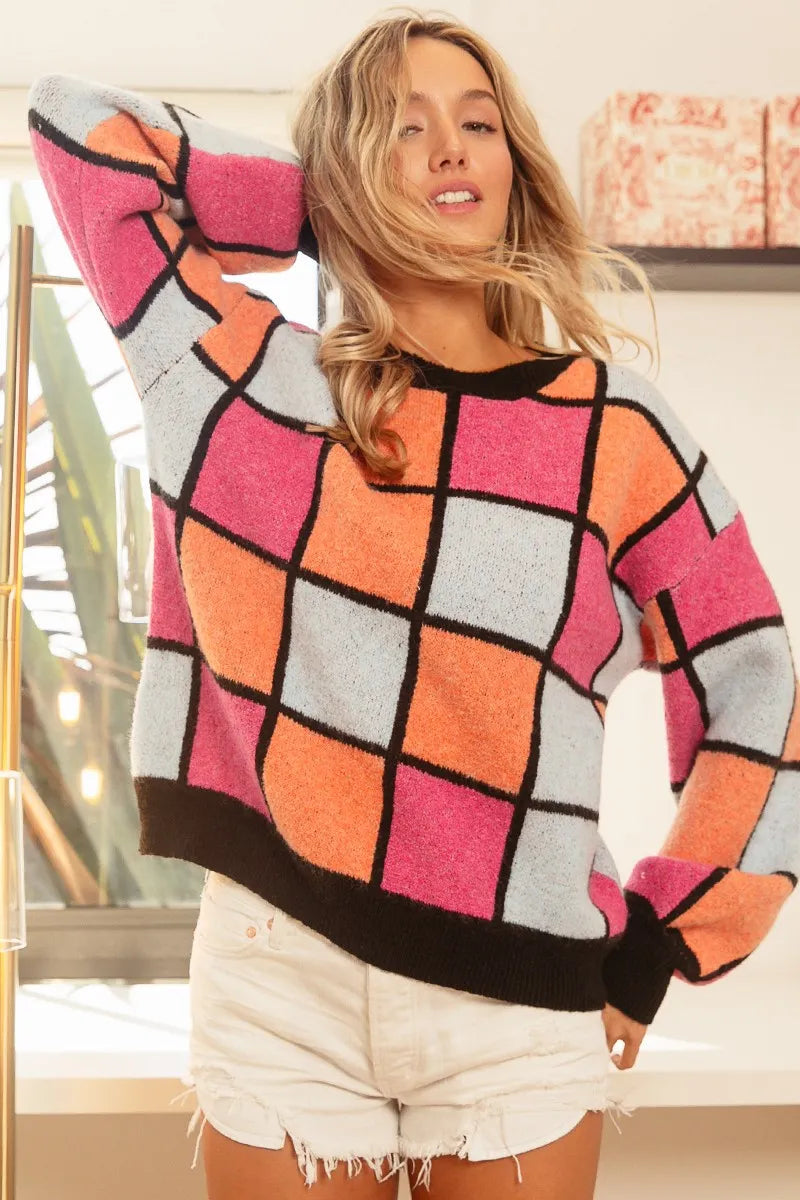 BiBi Multi Color Checker Pattern Sweater | Sweaters Daverri Fashions