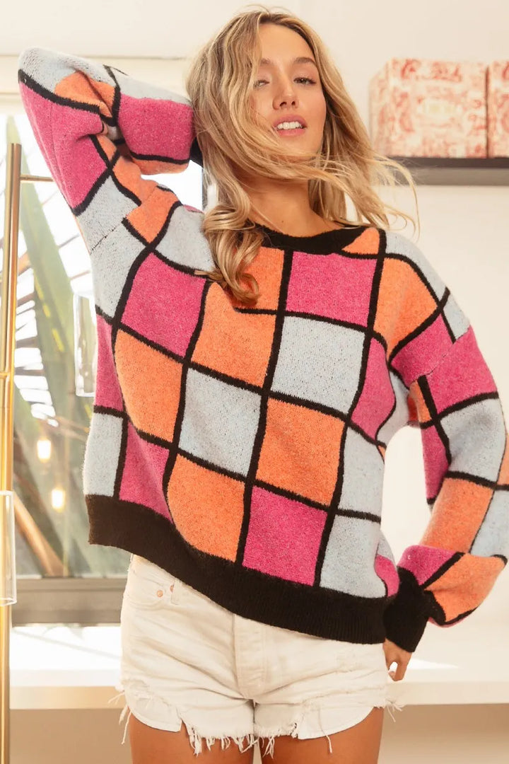BiBi Multi Color Checker Pattern Sweater | Sweaters Daverri Fashions