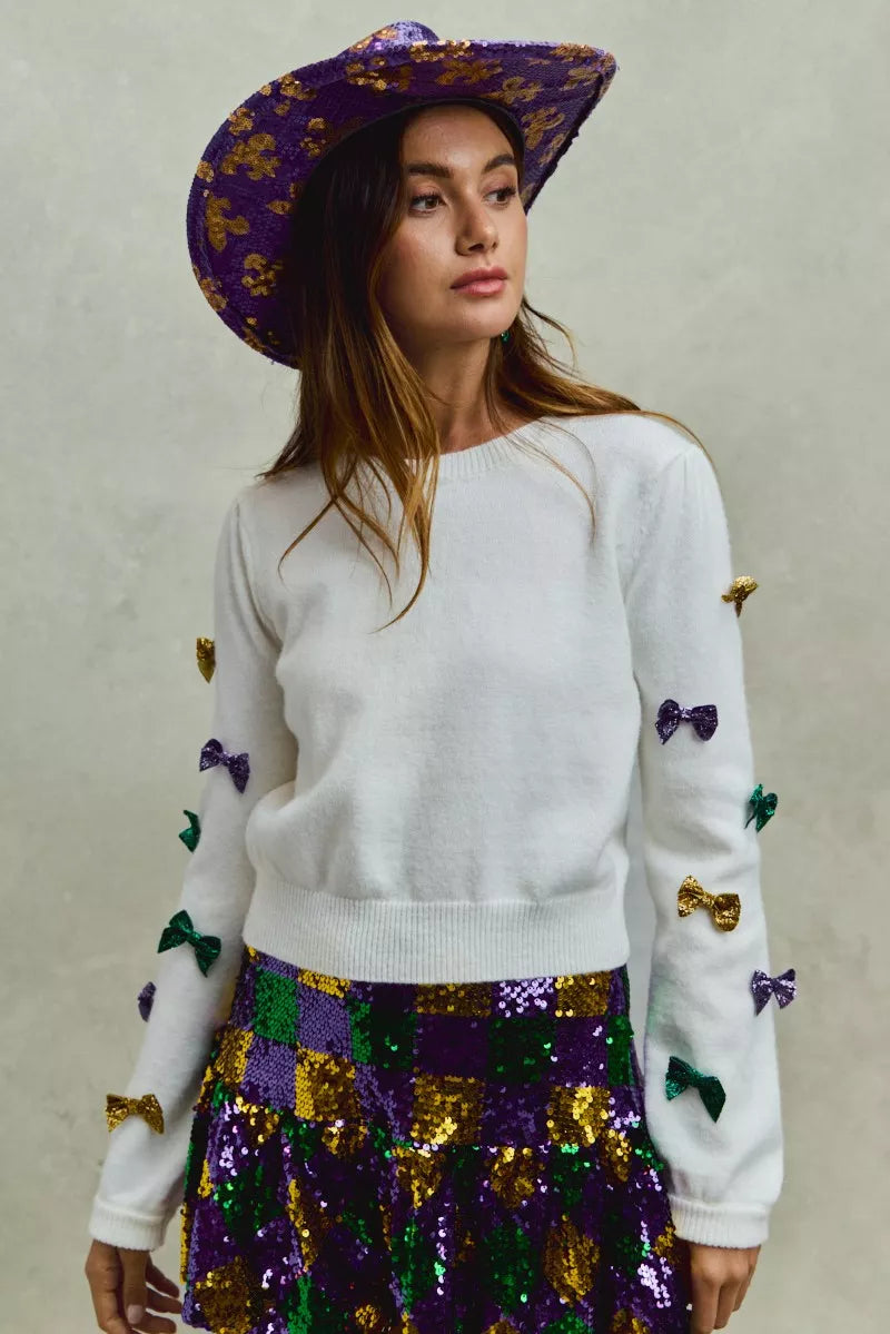 SO ME Mardi Gras Glitter Bow Sweater with Colorful Sequined Bows