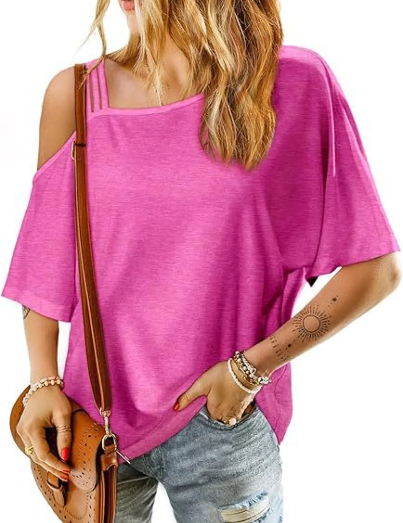 Hot Pink Asymmetrical Neck Half Sleeve T-Shirt | T-Shirts Daverri Fashions