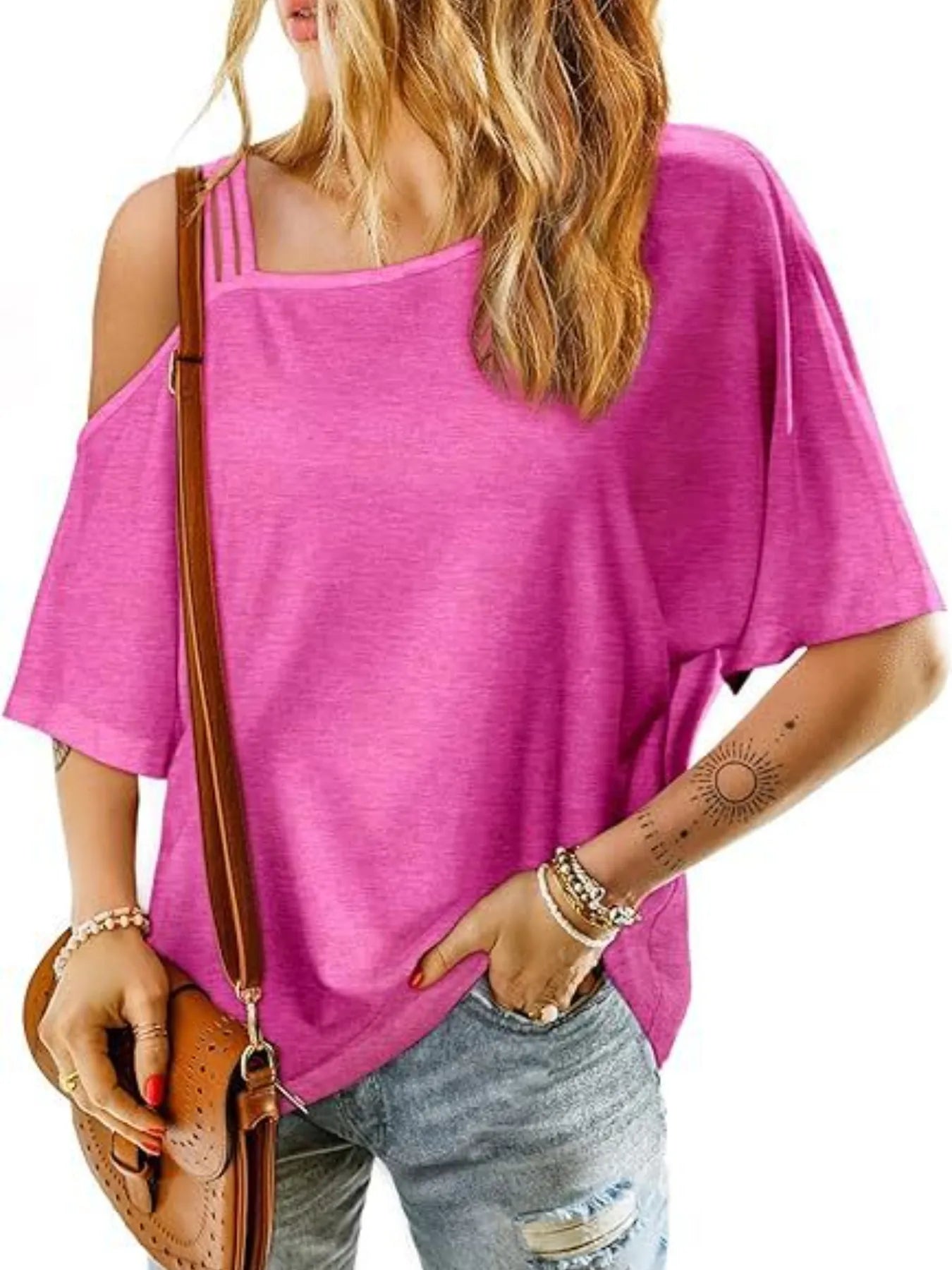 Hot Pink Asymmetrical Neck Half Sleeve T-Shirt | T-Shirts Daverri Fashions