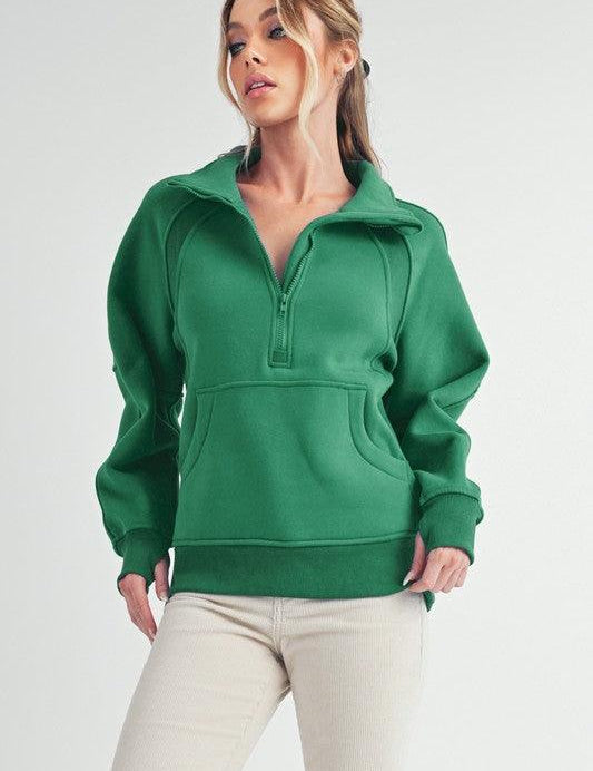 Lily Pad Aemi + Co Half Zip Raglan Sleeve Sweatshirt with Kangaroo Pocket | Sweatshirts Daverri Fashions