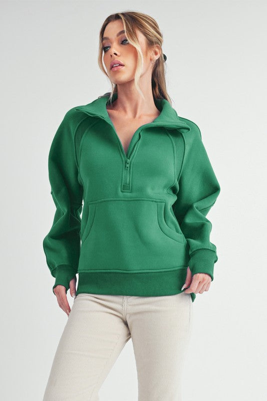 Aemi + Co Half Zip Raglan Sleeve Sweatshirt with Kangaroo Pocket Lily Pad Sweatshirts