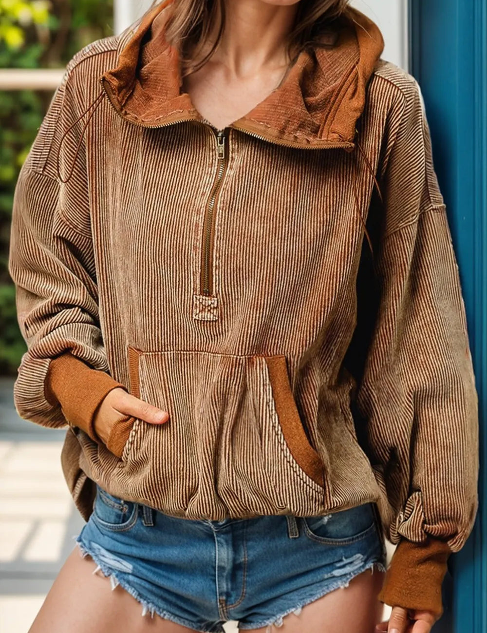 Brown Drawstring Half Zip Long Sleeve Hoodie | Hoodies Daverri Fashions