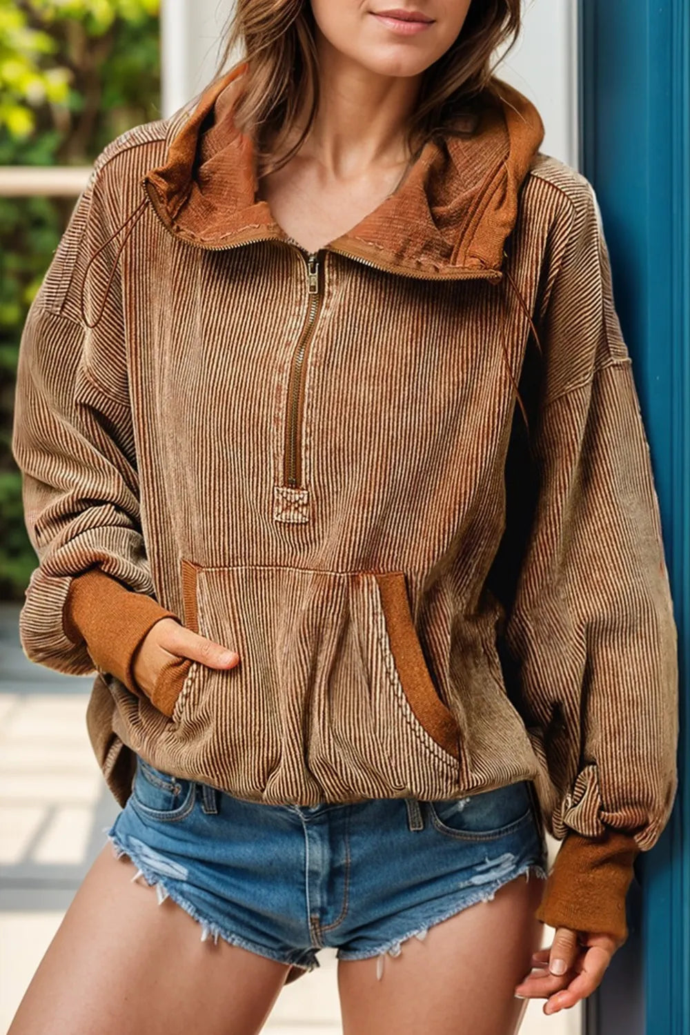 Brown Drawstring Half Zip Long Sleeve Hoodie | Hoodies Daverri Fashions
