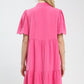 Umgee linen tiered babydoll dress in vibrant pink with scalloped puffed sleeves