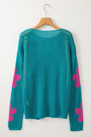 Dulce Big Flower Hollowed Knit Drop Shoulder Sweater | Sweaters Daverri Fashions