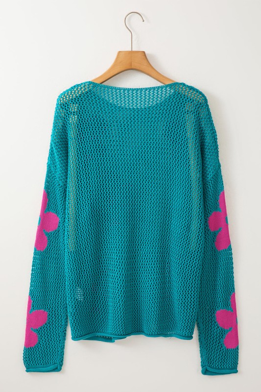 Dulce Big Flower Hollowed Knit Drop Shoulder Sweater Sweaters