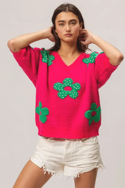BiBi Pearl Beads Flowers Sweater Top - DAVERRI FASHIONS