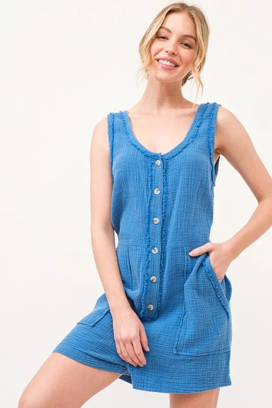 And The Why Washed Gauze Front Button Down Romper BLUE Rompers