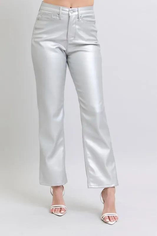 Judy Blue Full Size High Waist Silver Faux Leather Pants Plus Size METALLIC SILVER Pants