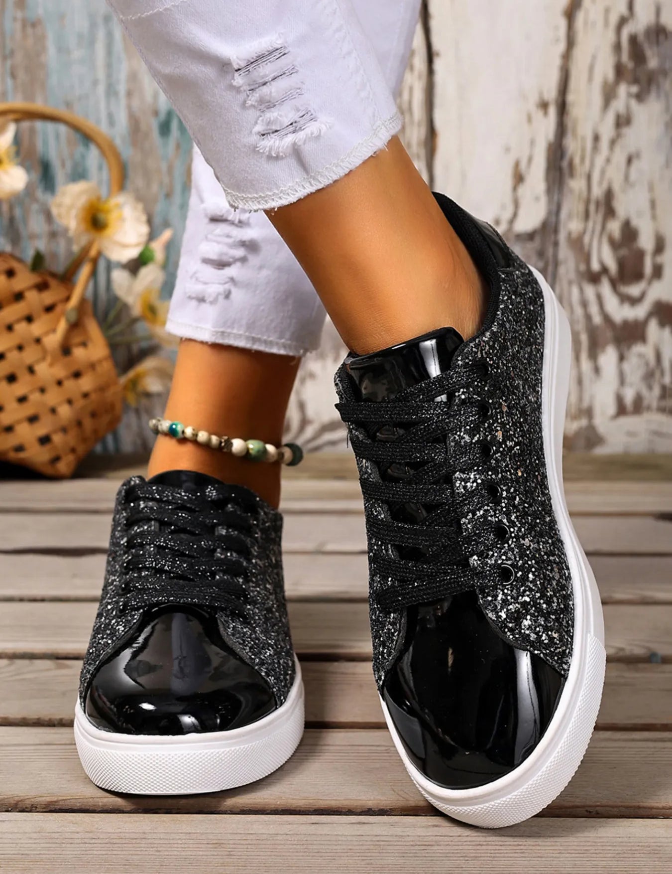 Black Sequin Lace Up Sneakers | Sneakers Daverri Fashions