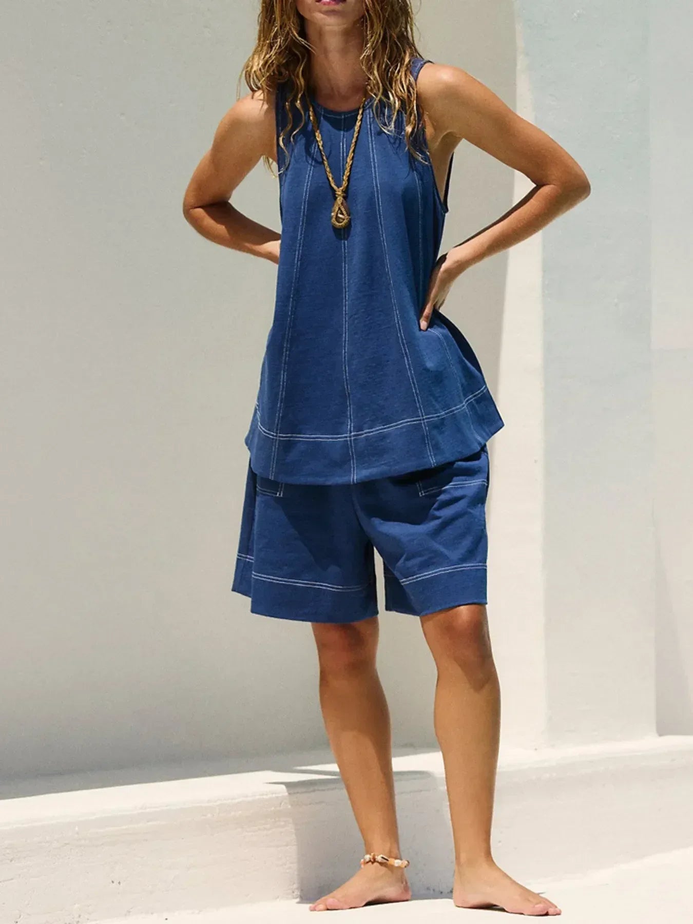 Casual Contrast Stitch Denim Tank Top and Shorts Set - DAVERRI FASHIONS