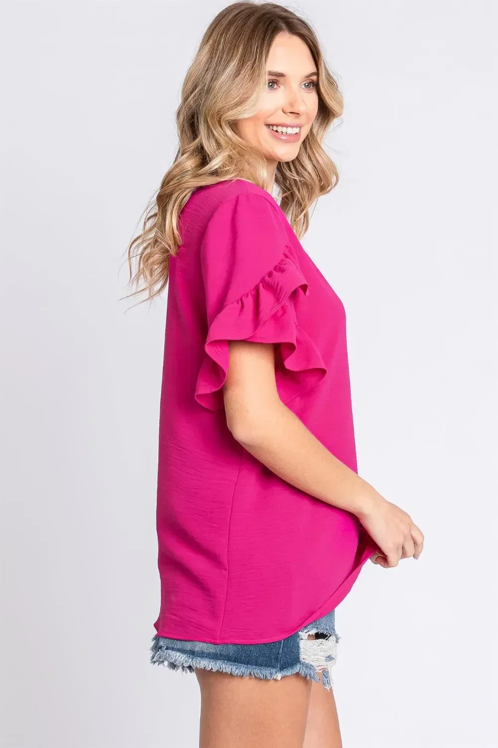 GeeGee V-Neck Ruffle Trim Short Sleeve Blouse - DAVERRI FASHIONS