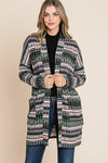 BOMBOM Geometric Open Front Long Sleeve Cardigan with Pockets - DAVERRI FASHIONS