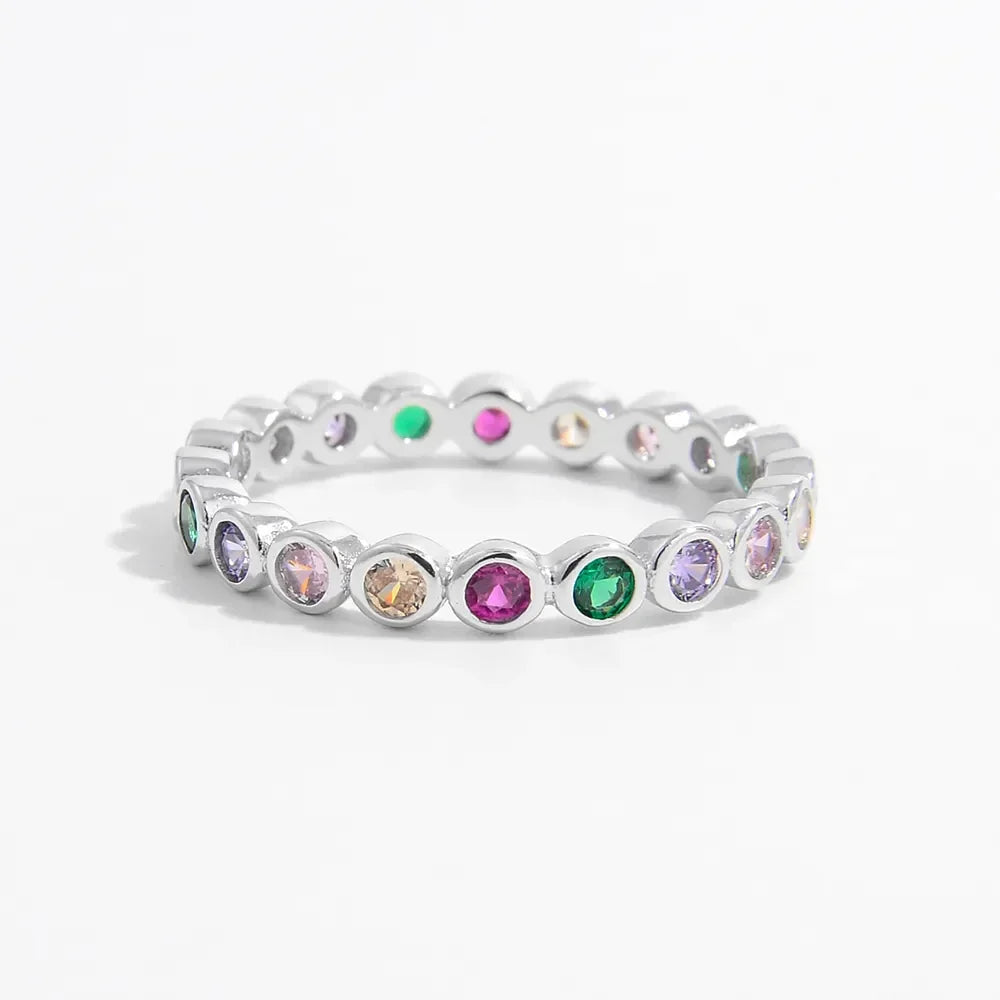 925 Sterling Silver Contrast Zircon Ring with Silver Birthstone and Colorful Gemstones