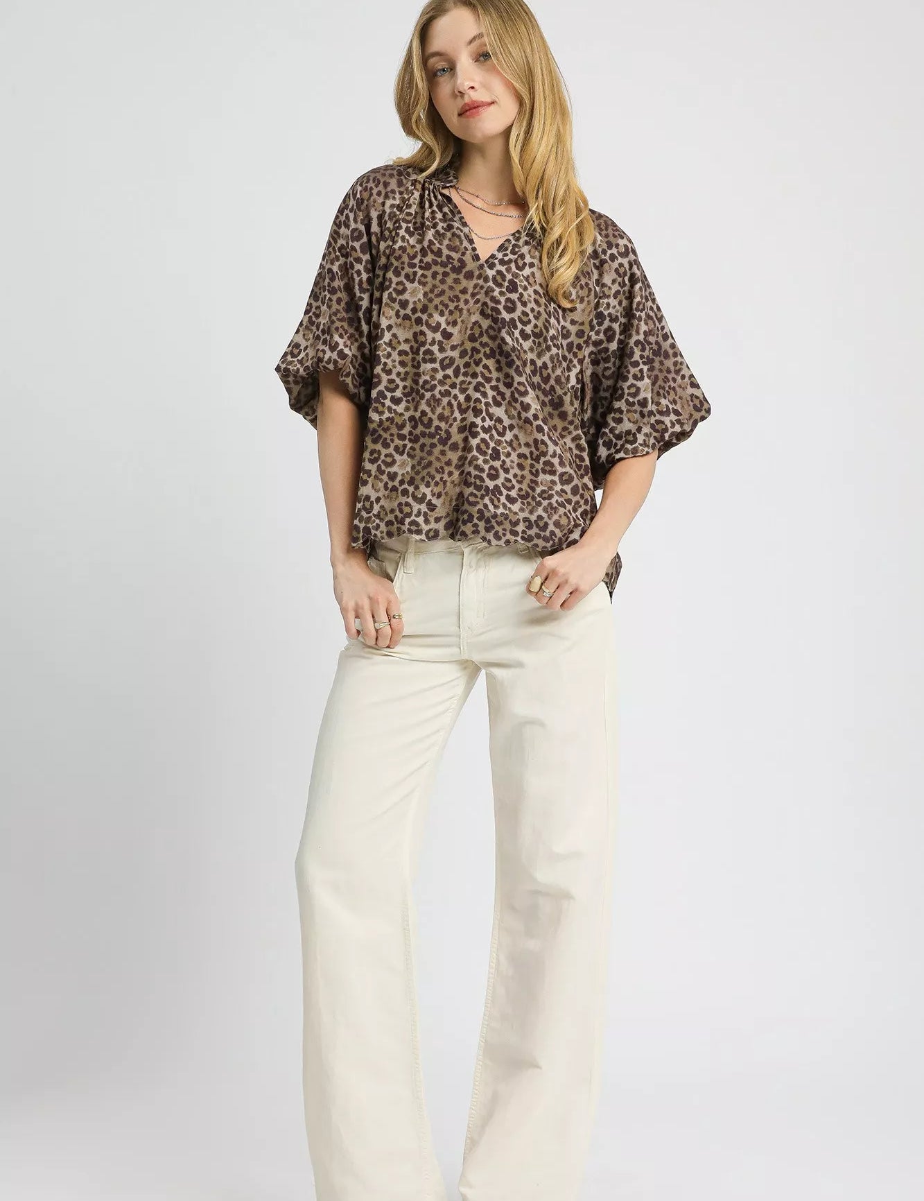 Olive M Umgee Leopard Bubble Sleeve Scalloped Hem Blouse | Blouses Daverri Fashions