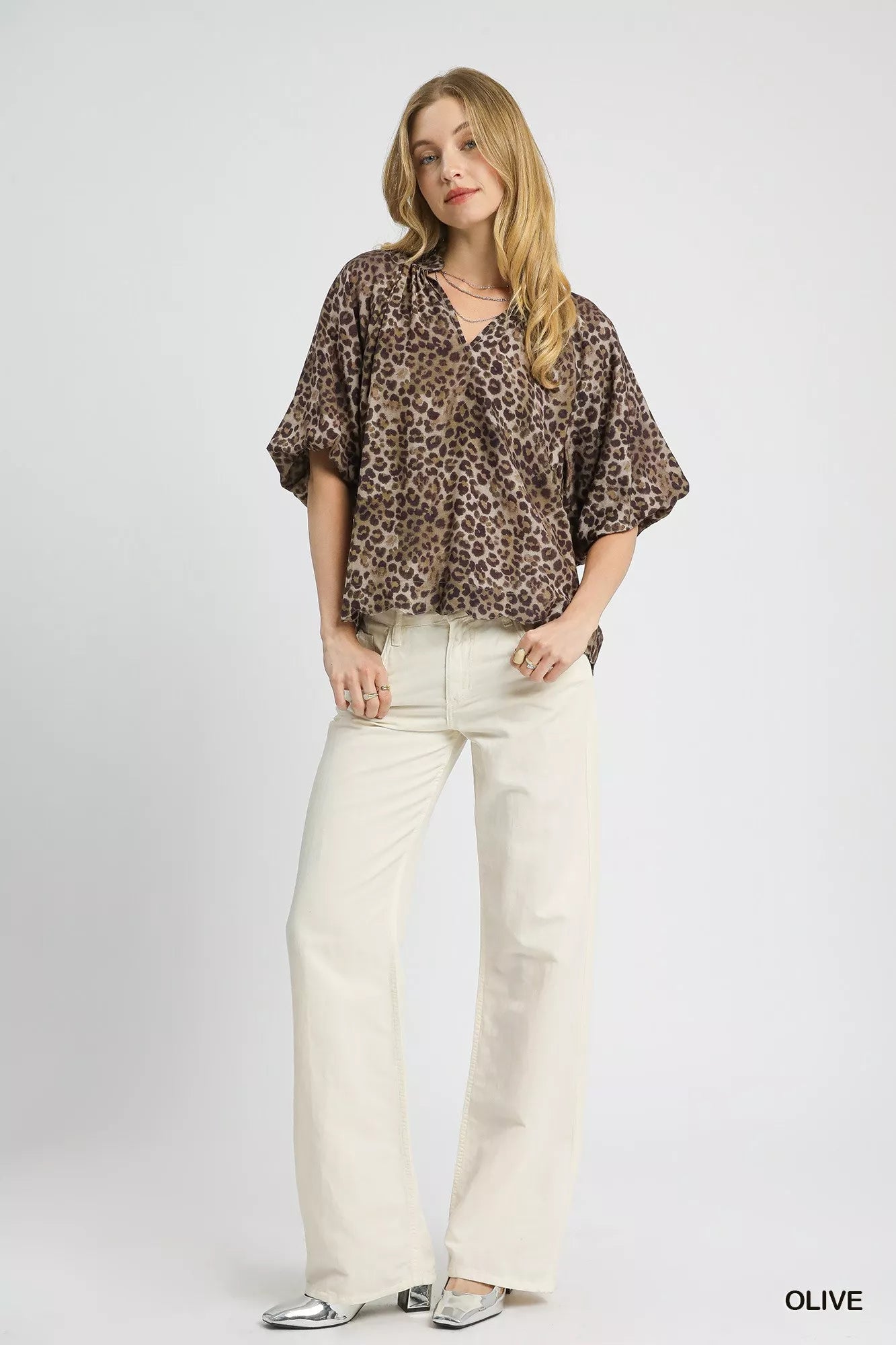 Olive M Umgee Leopard Bubble Sleeve Scalloped Hem Blouse | Blouses Daverri Fashions