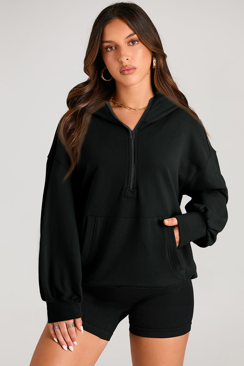 Pocketed Half Zip Long Sleeve Hoodie Tops