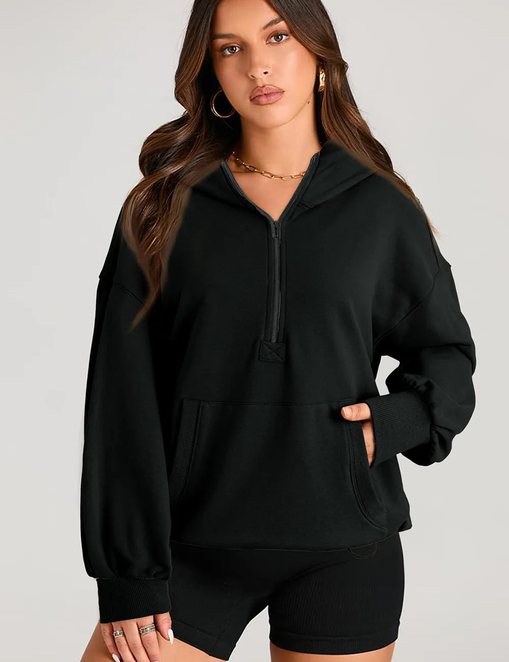 Pocketed Half Zip Long Sleeve Hoodie | Hoodies Daverri Fashions