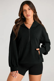 Pocketed Half Zip Long Sleeve Hoodie | Hoodies Daverri Fashions