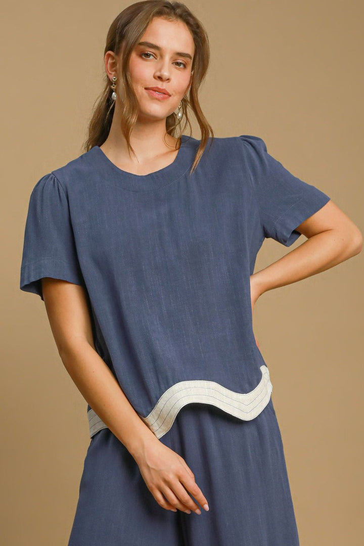 Umgee Full Size Linen Blend Scalloped Hem Top Plus Size French Blue Tops