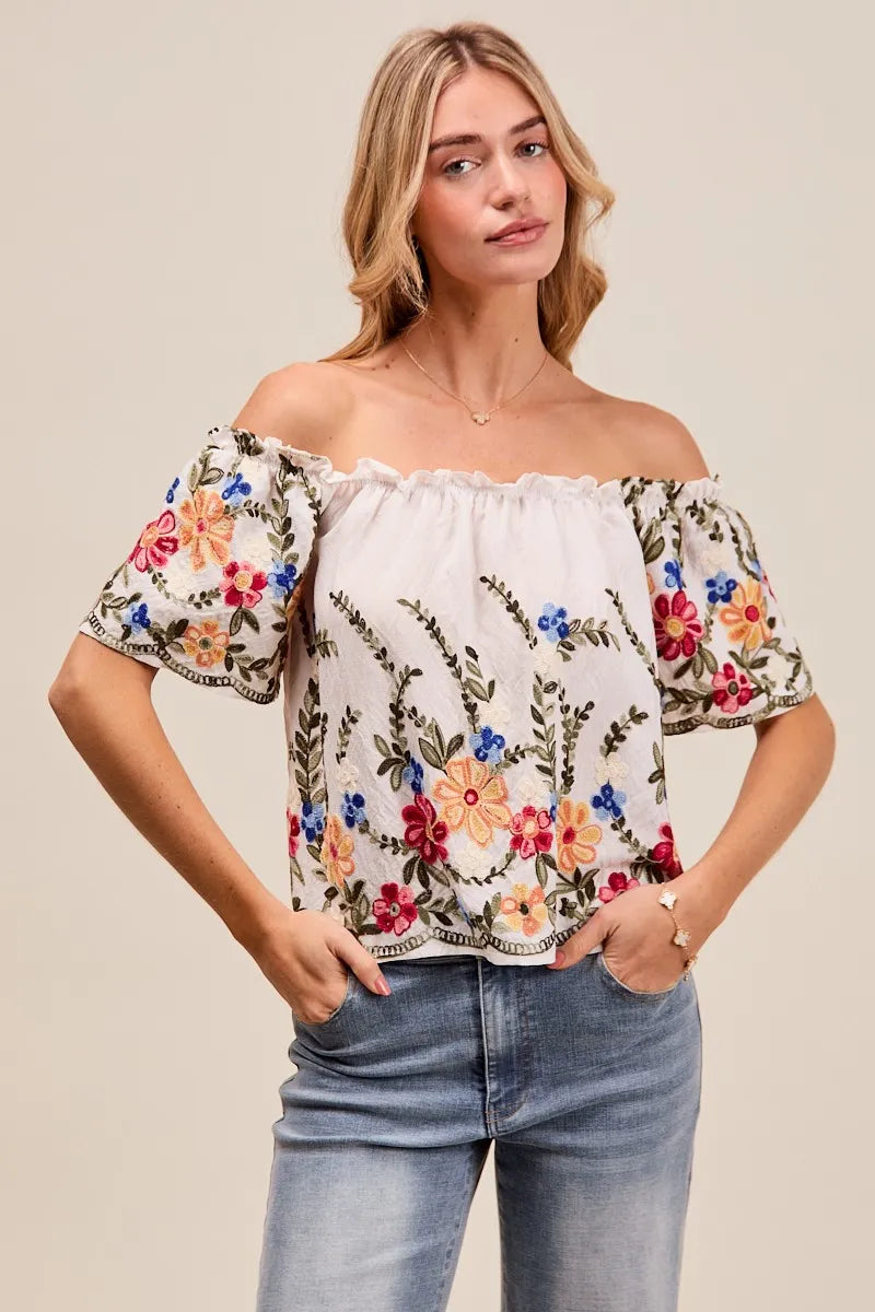 SO ME Floral Embroidered Two Way Off The Shoulder Blouse OFF WHITE Blouses