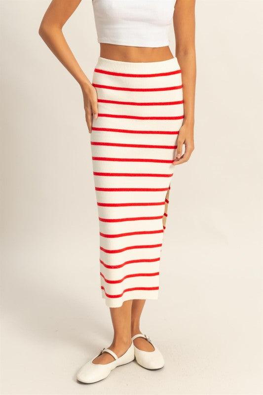 HYFVE Side Slit Striped Bodycon Sweater Skirt Red L Skirts