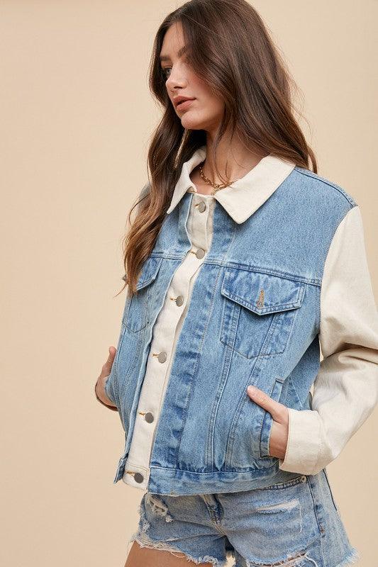 Annie Wear Collared Neck Double Placket Denim Jacket - DAVERRI FASHIONS