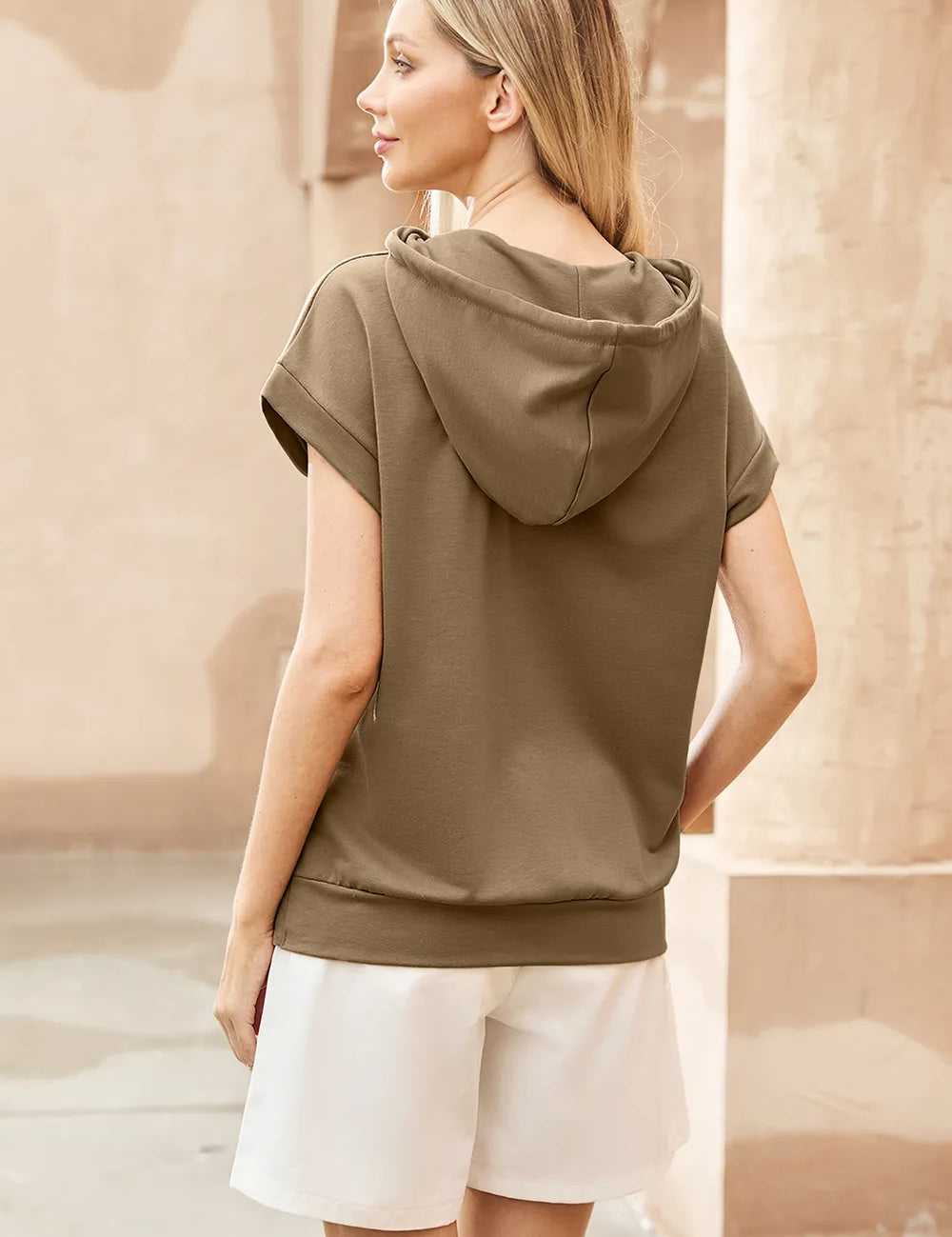 Olive green drawstring quarter snap cap sleeve hoodie with white shorts