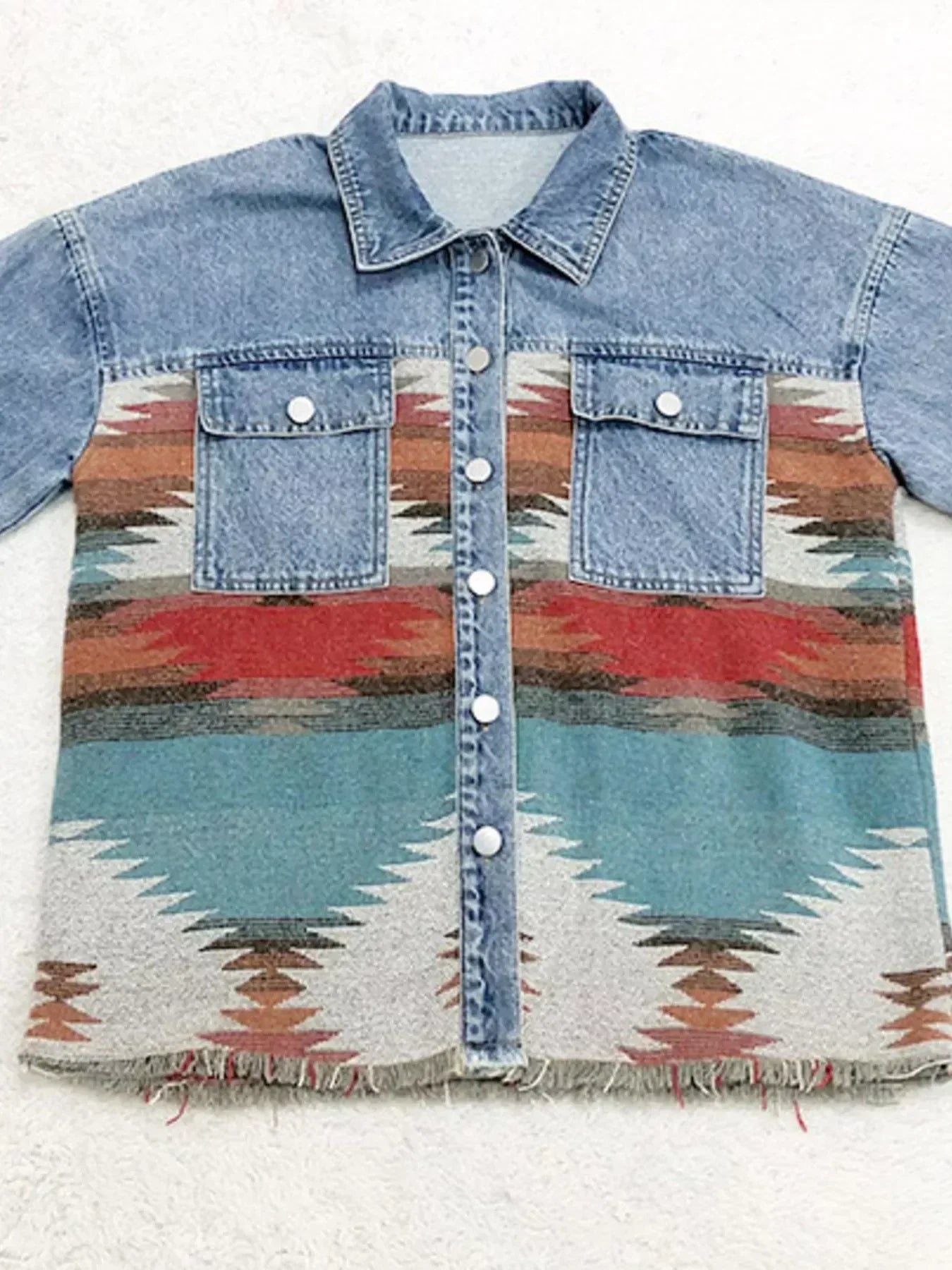 Printed Botton Down Long Sleeve Denim Jacket - DAVERRI FASHIONS